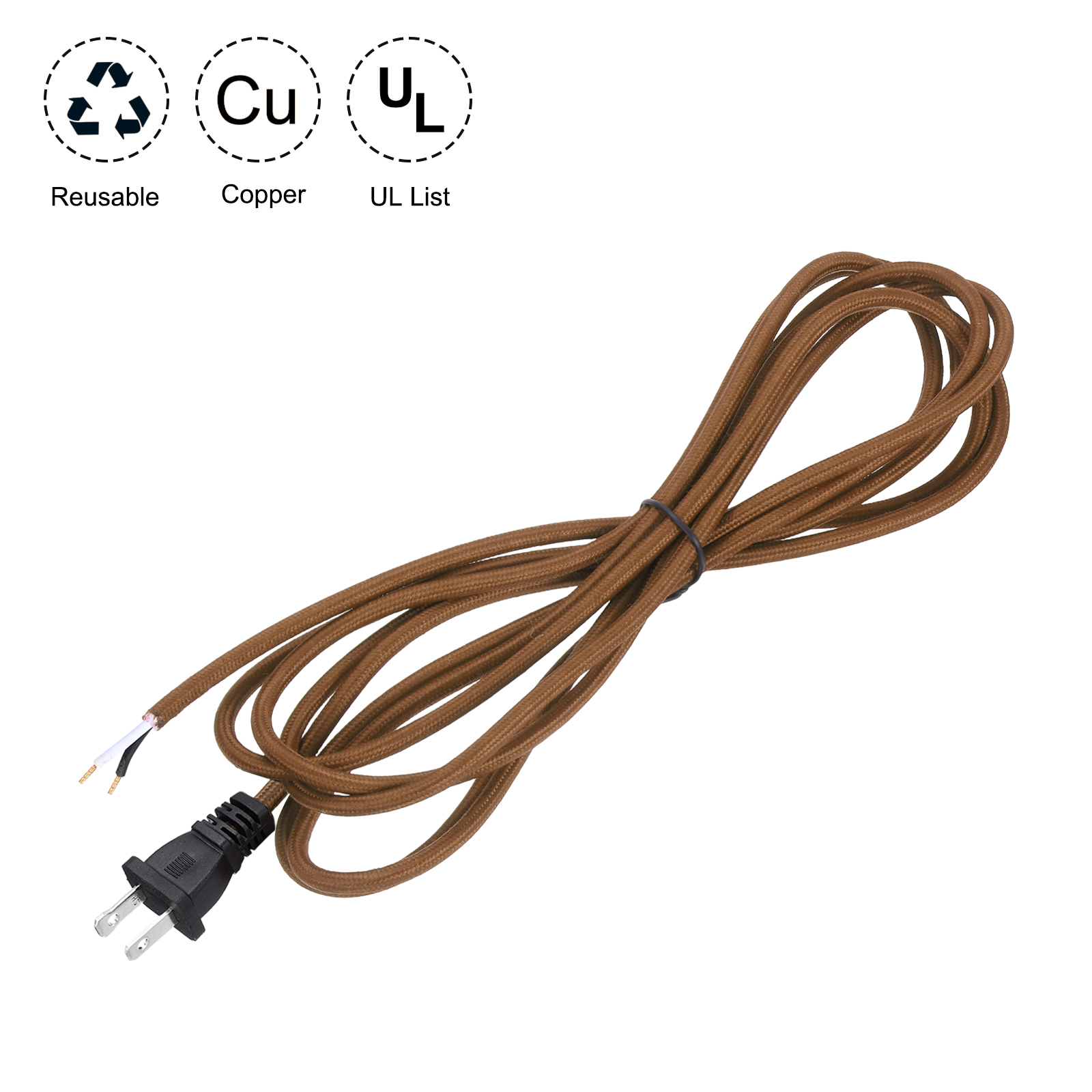 Uxcell 12Ft 18/2 Cloth Covered Lamp Cord with Plug, 2 Pcs Vintage Electrical Lamp Cord with Stripped Ends for Extension Wiring DIY Repairing, Brown