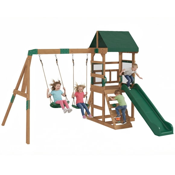 Qaba Wood Swing Set, Outdoor Playset with Slide, 2 Swings and Rock Wall