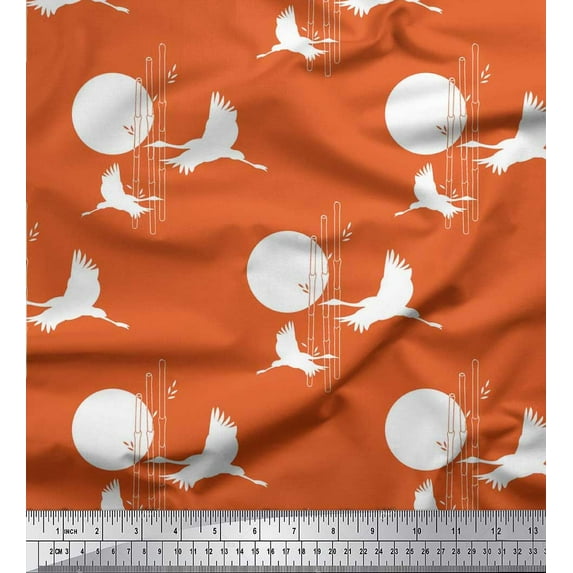 Soimoi Rayon Fabric Bamboo Tree,Moon & Stork Bird Printed Craft Fabric by The Yard 42 Inch Wide