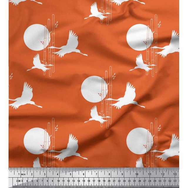 Soimoi Moss Georgette Fabric Bamboo Tree,Moon & Stork Bird Print Fabric by Yard 42 Inch Wide