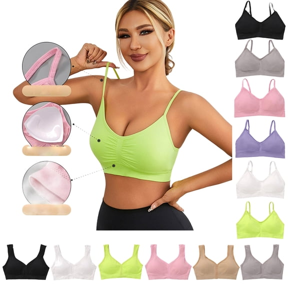 QIUOMBBP Women's Spaghetti Strap Workout Yoga Bralettes No Underwire Low Impact Wireless Seamless Sports Bras, Yellow, XL