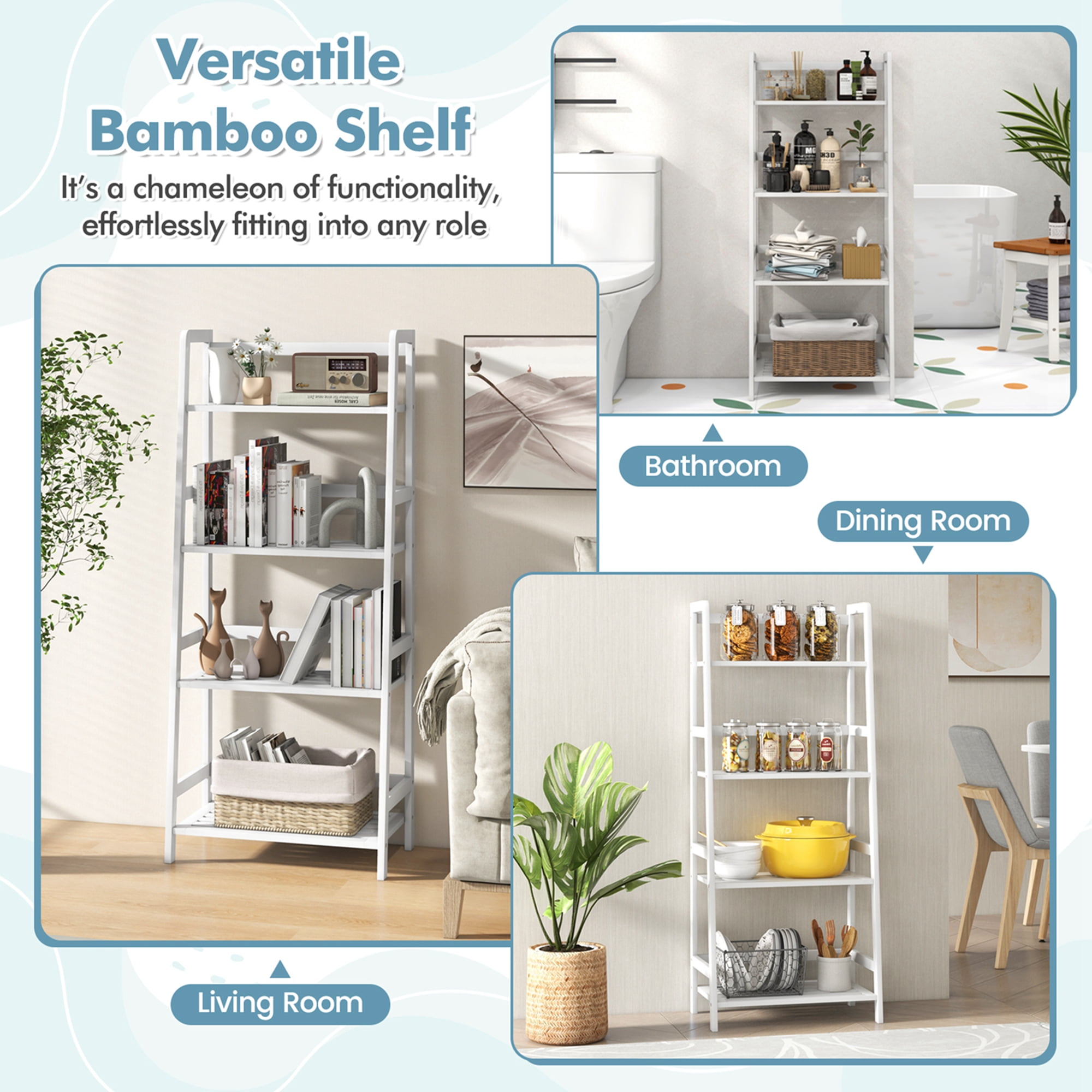 Costway Multifunctional 4 Shelf Bamboo Bookcase Ladder Plant Flower Stand Rack Storage White