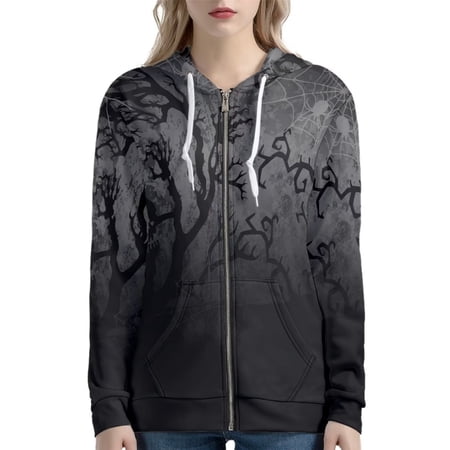 Renewold Active Zip Up Hoodie Jacket for Women Halloween Scary Tree Spider Web Soft Zip-Up Hooded Sweatshirt Y2K Streetwear Coat Cricket Clothing Size S