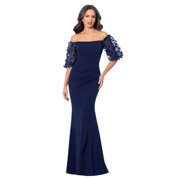 Xscape Women's Illusion Sleeve Off The Shoulder Long Dress (Reg and Petite), Navy