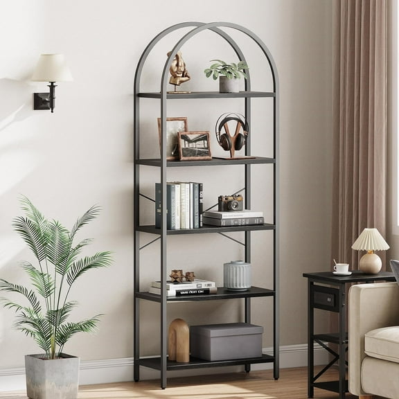 KOKEBREN 5-Tier Arched Bookshelf, 71" Tall Industrial Open Bookcase, Modern Freestanding Display Rack, Metal and Wooden Storage Shelving Units, Black