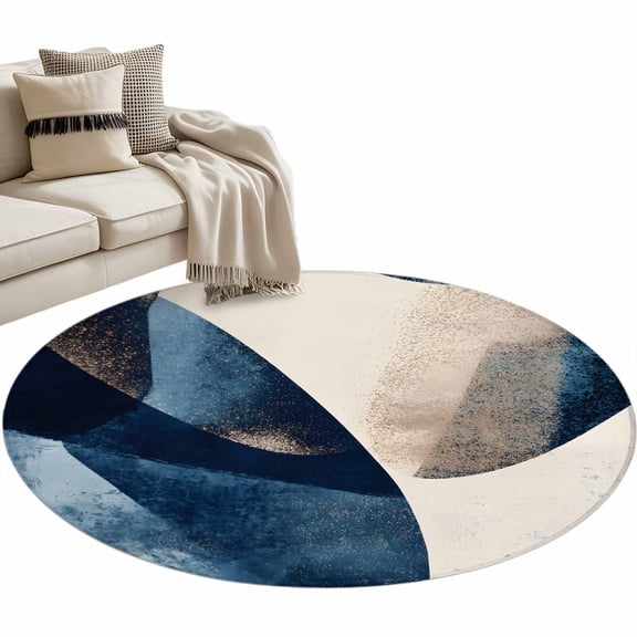 Navy Blue Geometric Large Area Rugs for Bedroom Living Room, Soft Non Slip Carpet Bedside Rug, Modern Beige Abstract Art Round Floor Cover Kitchen Accent Rug 3' for Dining Room/Office