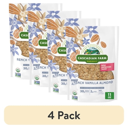 (4 pack) Cascadian Farm Organic Granola, French Vanilla Almond Cereal, Resealable Pouch, 11 oz