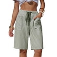 thumbnail image 2 of Dwellite Women's Striped Bermuda Shorts Casual Drawstring Elastic Waist Summer Vacation Beach Shorts with Pockets Mint Green M, 2 of 5