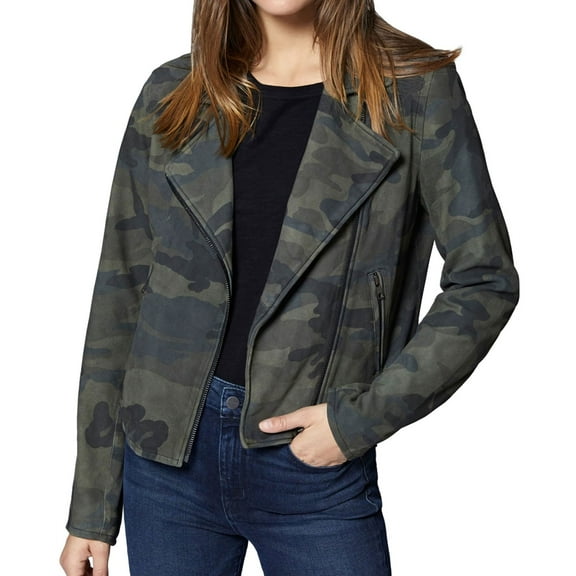 Sanctuary Clothing Womens Camo-Print Suede Motorcycle Jacket, Green, X-Small