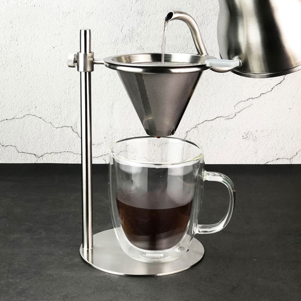 Adjustable Stainless Steel Pour Over Coffee Maker Station Stand with Reusable Double Filter Freestanding Drip Cone Brewer Directly into Mug Cup