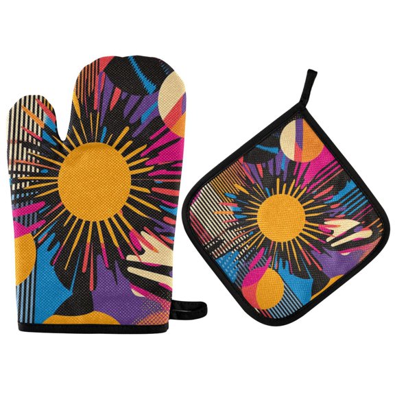 Yayeee Oven Mitts and Pot Holder Set of 2 Heat Resistant Kitchen Gloves Baking Hot Pad, Futuristic Circles