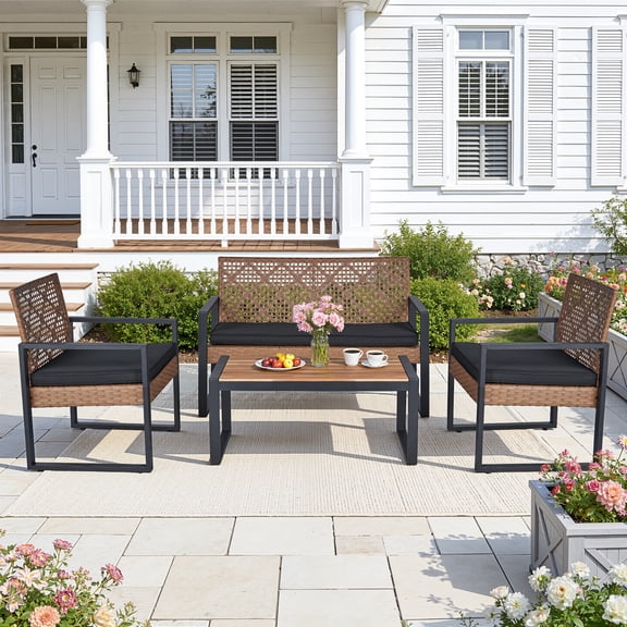 Segmart 4 Piece Patio Conversation Set, PE Rattan Patio Furniture Set with Coffee Table, All-Weather Outdoor Sofa Set with Cushion for Porch, Backyard, Balcony - Light Brown