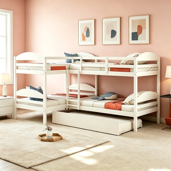 AUU White Twin L-Shaped Bunk Bed with Trundle – Solid Pine Wood Frame, 5-Bed Configurable Design with Full-Length Guardrails for Bedroom or Guest Room