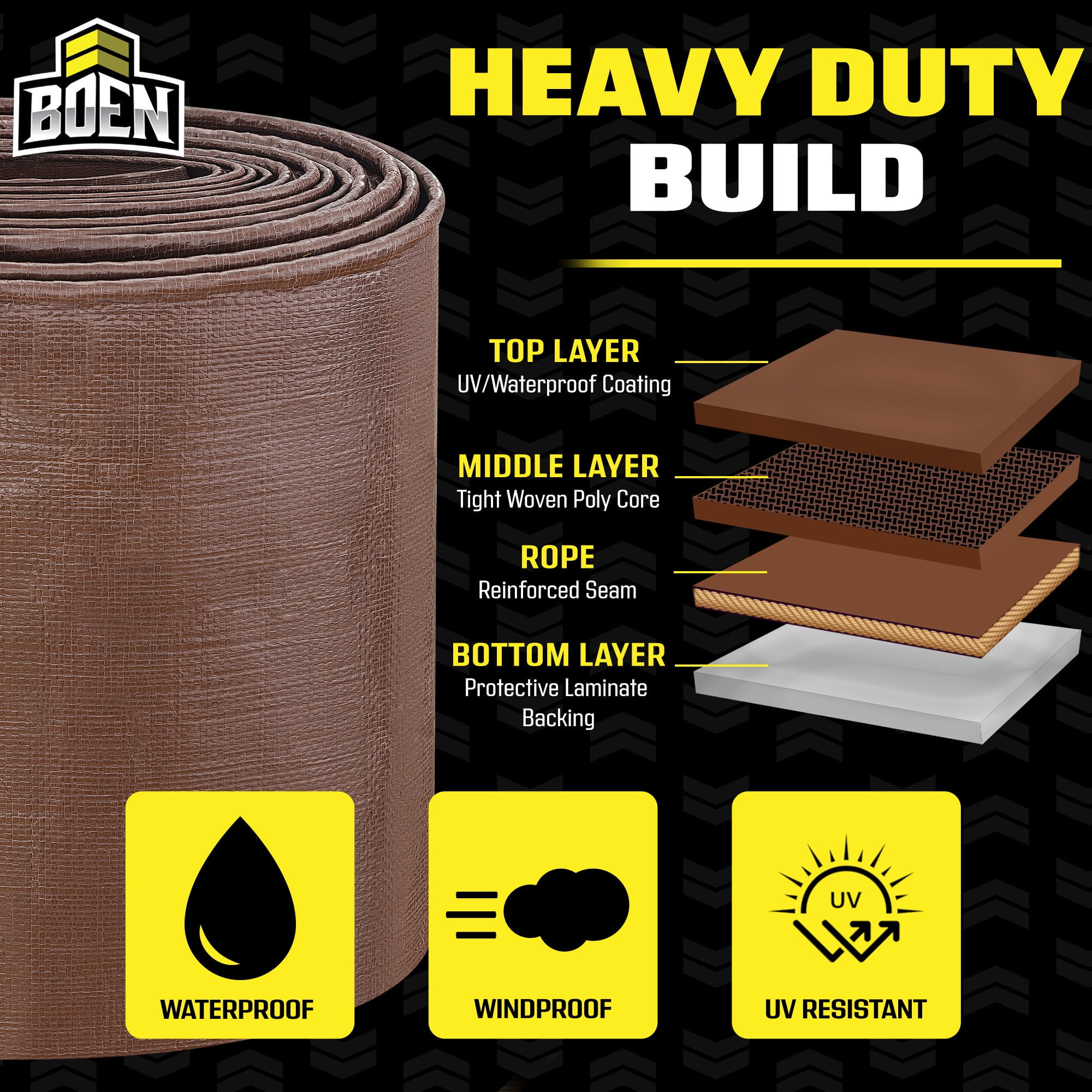 BOEN Ultra Heavy-Duty Tarp, 12 ft x 20 ft, 16 Mil Thick, Brown, Waterproof