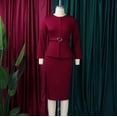 thumbnail image 4 of AURA Plus Size Elegant Round Neck Pencil Midi Dress Nine Sleeve High Waist Office African Work Dress with Belt, 4 of 10
