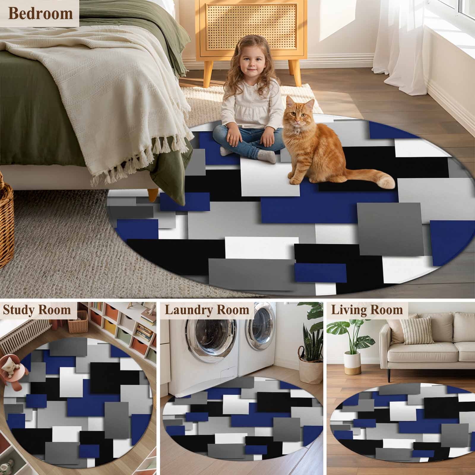 Navy Blue Black Geometric Round Rug 3ft Washable Circle Entryway Rugs Non Slip Modern Abstract Art Block Area Rug Indoor Floor Carpet for Bedroom Kitchen Living Room Home Office Dining Room Nursery