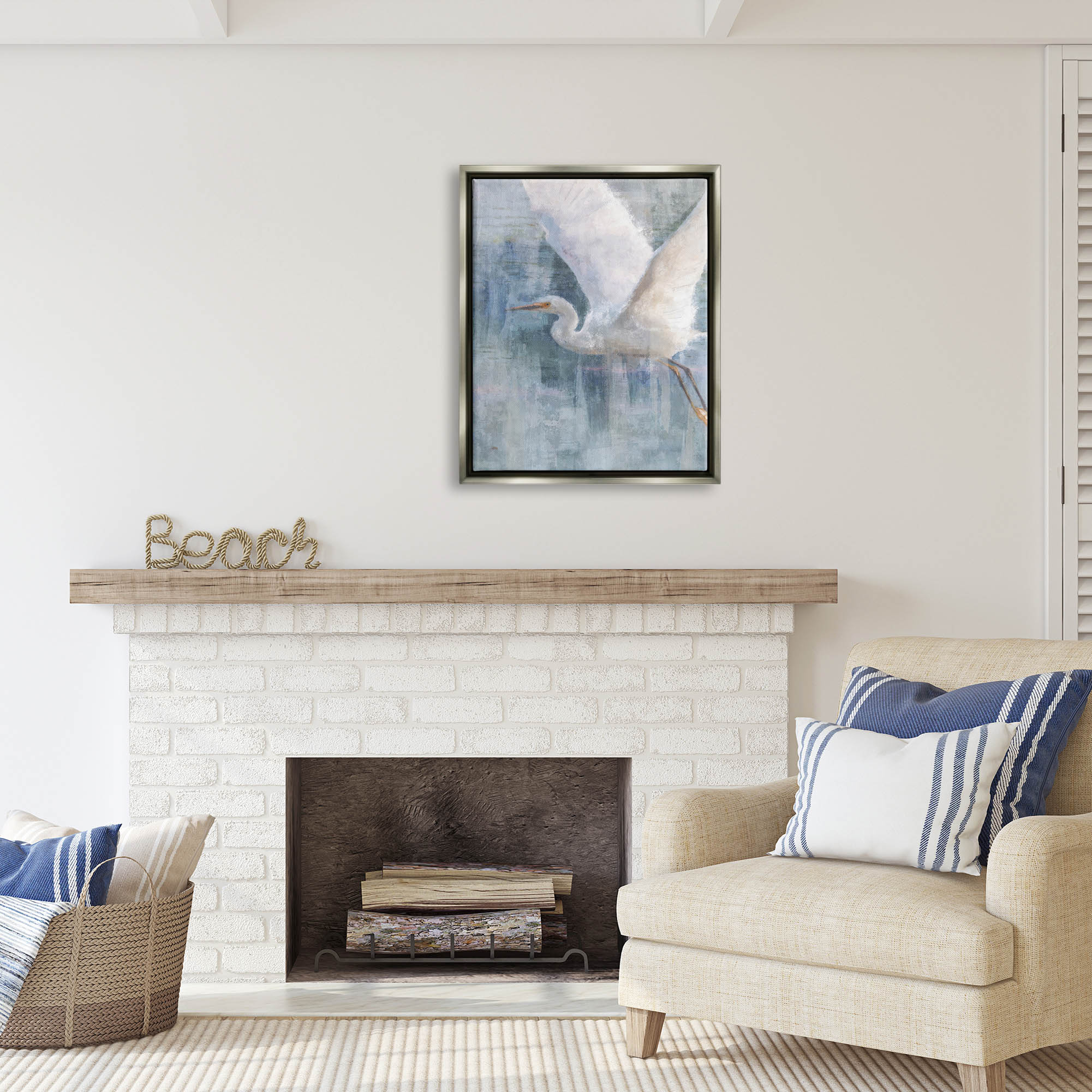 Stupell Industries Flying Egret Coastal Abstraction Coastal Painting Gray Floater Framed Art Print Wall Art