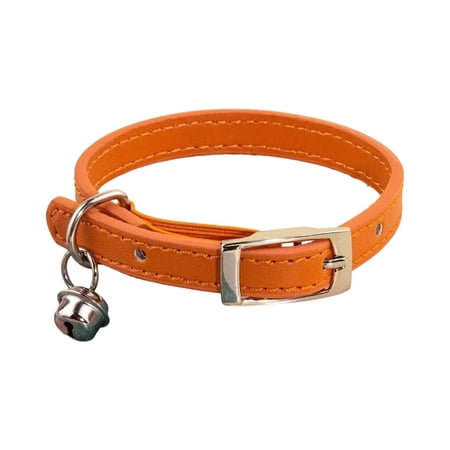 Elegant Genuine Leather Kitten Collar with Safety Elastic & Bell Adjustable Cat Collar Soft Lightweight Buckle for Small Pets（Orange，Size XS)