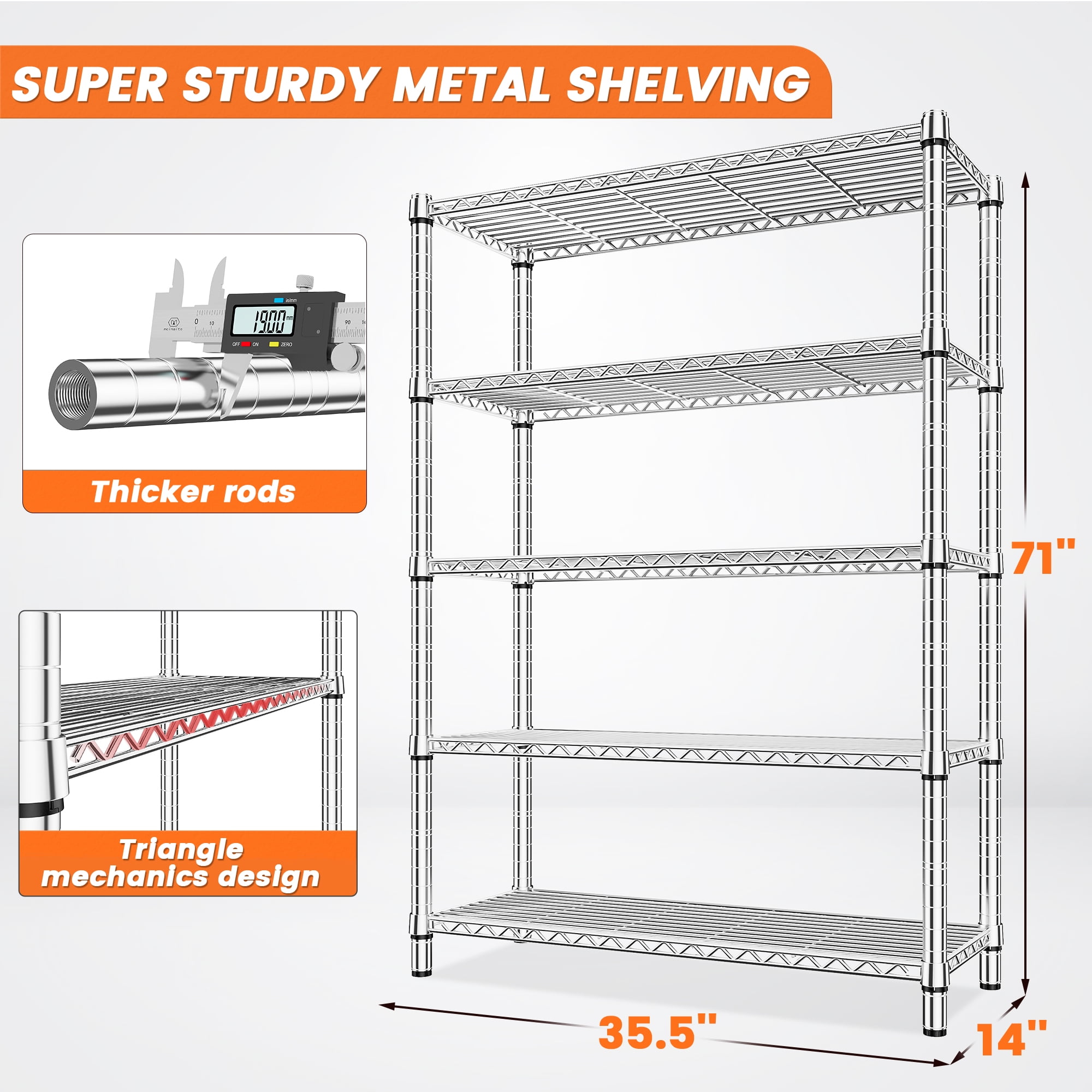 REIBII 5-Tier Storage Shelves Wire Shelving Unit Loads 1200lbs,35.5"Wx71"Hx14"D Heavy Duty Adjustable Storage Rack for Garage,Pantry Shelf,Kitchen Shelving,Chrome