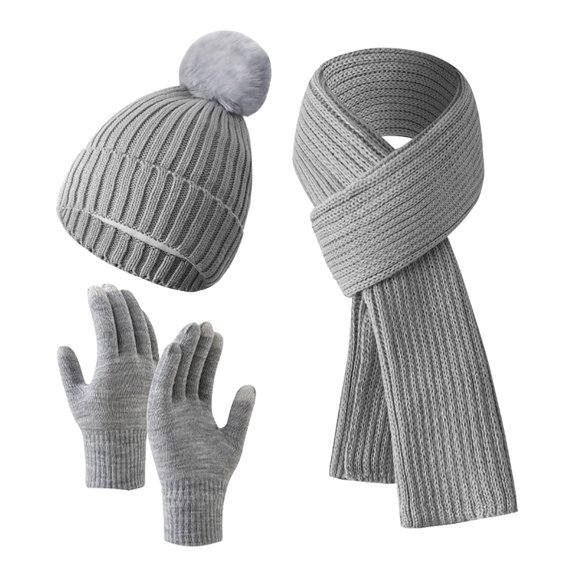 JMKQLZ Knitted Beanie Hat Scarf Gloves Set, Fleece Lined Winter Hat with Pom Pom, Long Knit Scarf Touchscreen Gloves for Cold Weather for Women Men