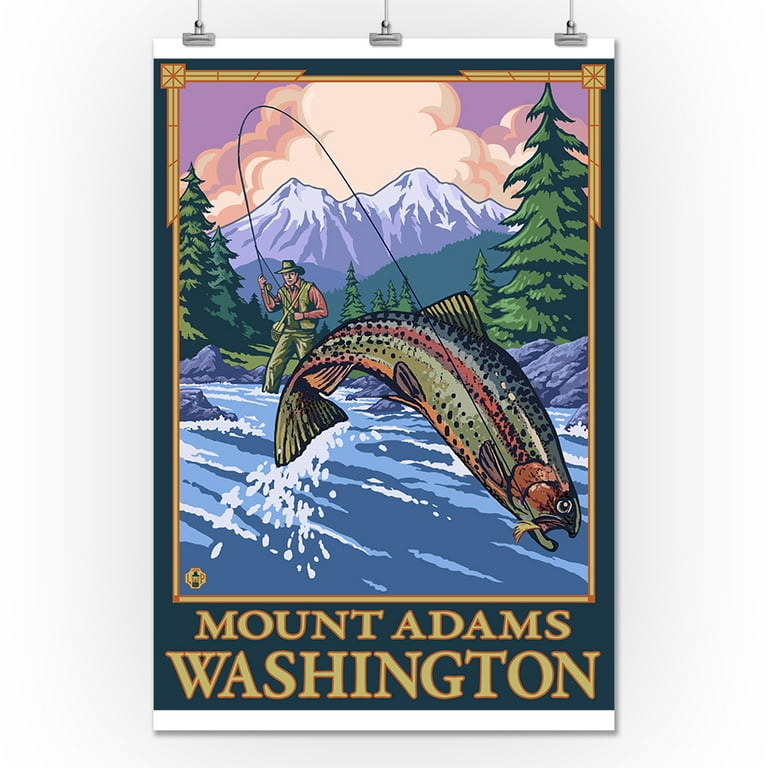 Fly Fishing Scene - Mount Adams, Washington - LP Original Poster (24x36  Giclee Gallery Print, Wall Decor Travel Poster)