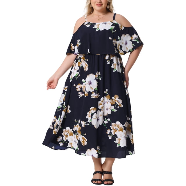 Vestido Maxi Casual de Playa para Mujer Plus Size con Cuello Cuadrado y Tirantes Ajustables, Mangas Frías, Floral, 2X, Azul Marino