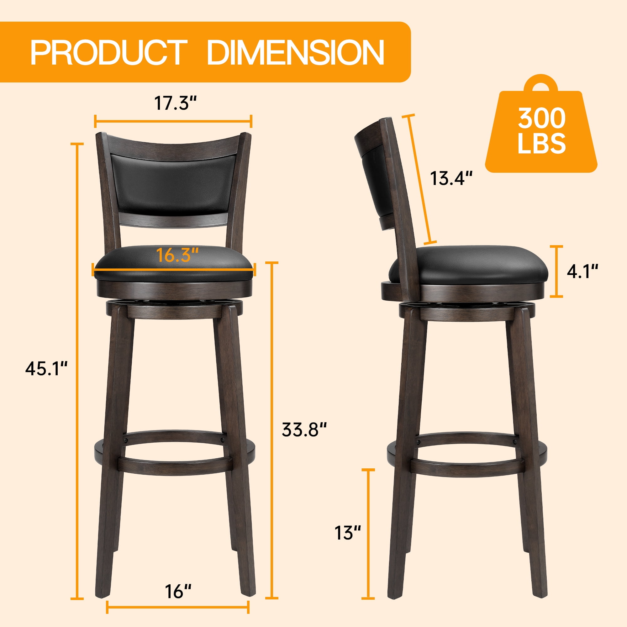 TrumanPick Bar Height Swivel Counter Height Barstool 34" Leather Bar Stools Upholstered Seat with High Back for Kitchen Island, Cappuccino Finish