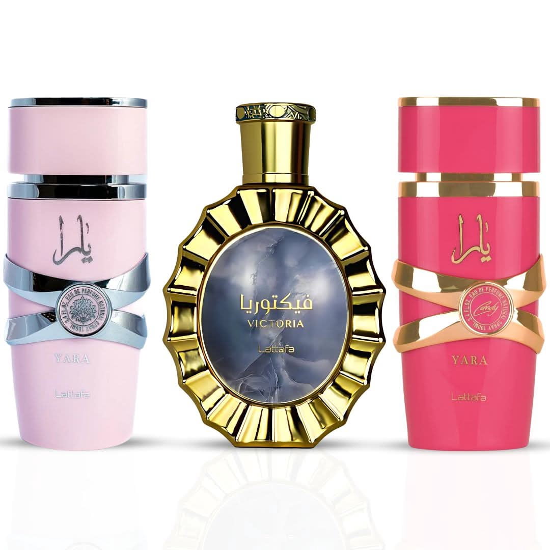 Yara, Yara Candy & Victoria Eau de Parfum Sprays 100ml (3.4 oz) by Lattafa (Bundle)