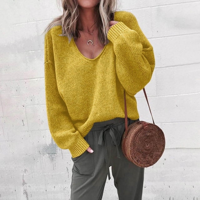 Qertyioot V Neck Sweaters for Women Fall Fashion Loose Pullover Color Long Sleeves Sweater Tops