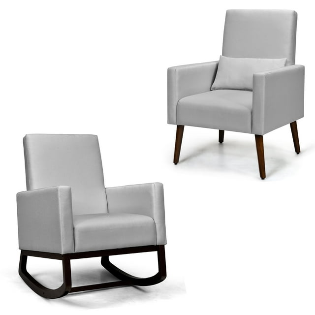 Patiojoy Set of 2 Dual-use Upholstered Rocking Chair with Wood Leg & Pillow Relax Sofa Chair Light Gray