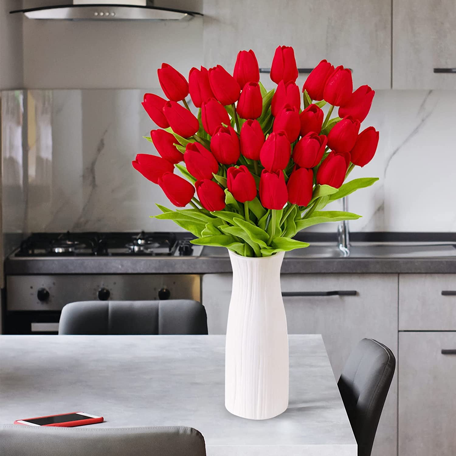 30Pcs Artificial Red Tulip Flowers Faux Tulip Stems PU Real Touch Tulips 13.7" for Spring Easter Vase Wedding Bouquets Floral Arrangements Wreath Table Centerpiece Indoor Outdoor Decoration