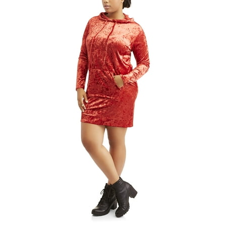 Junior's Plus Long Sleeve Hooded Crushed Velvet Sweatshirt Dress