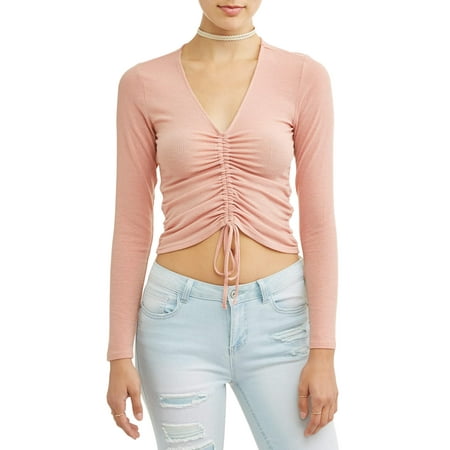 No Comment Juniors' Long Sleeve Cinched Front V-Neck Blouse