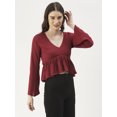 thumbnail image 4 of DressBerry Women's Solid Viscose Rayon Clinched Waist V Neck Crop Top Long Bell Sleeves Flared Hem with Front Tie-ups Casual Wear High Waist Regular Short Blouse, 4 of 7