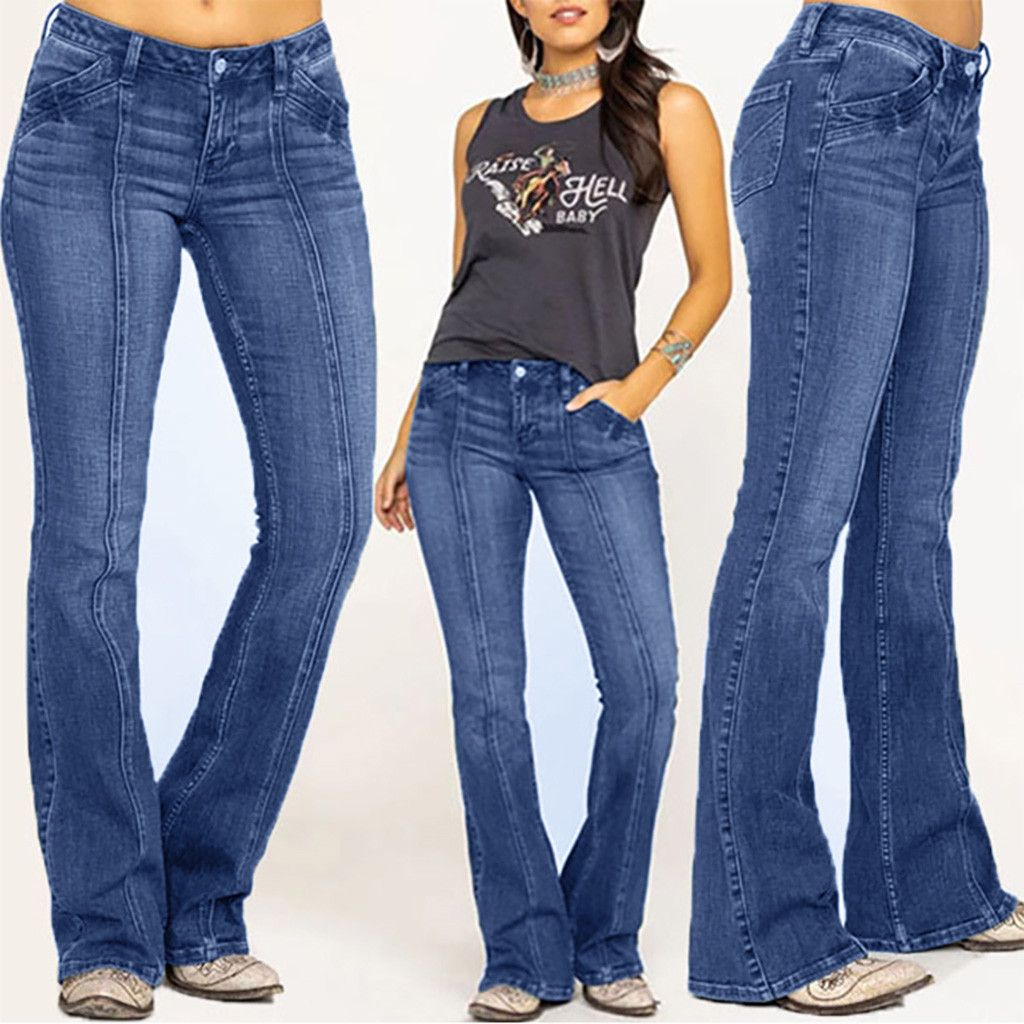 Spftem Women Mid Waisted Denim Jeans Embroidery Stretch Button Flare Pants Jeans - image 3 of 7