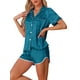 thumbnail image 4 of Pijamas de satén para mujer INSPIRE CHIC, juego de 2 piezas con blusa de manga corta y pantalones cortos, talla XL, azul pavo real, 4 of 6