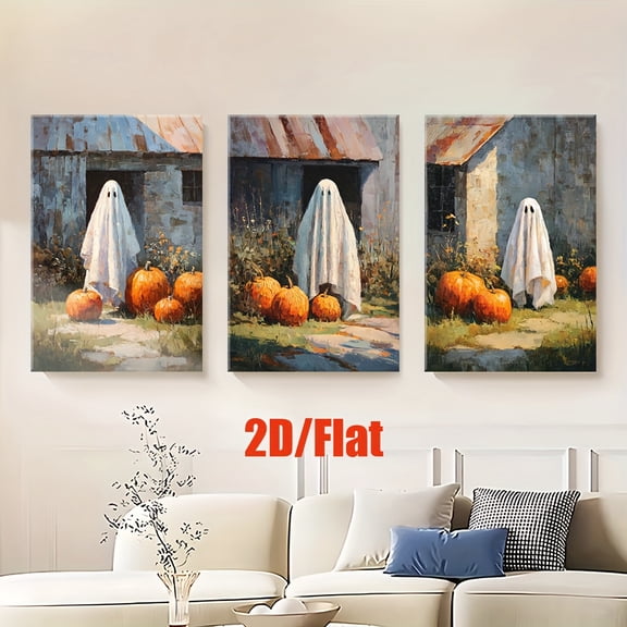 2D Flat, 2D Flat[JIT]3pcs/set, Canvas paintings-frameless, Two pumpkins sitting in front of barn, Posters and printed materials, living room, office decor, wall art, Bedroom, School, cafe, abstract,