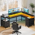thumbnail image 6 of Sarifur L Shaped Computer Desk with Charging Station and LED Lights, 66 inch PC Table Study Desk 6 Drawers for Bedroom,Office Black, 6 of 7