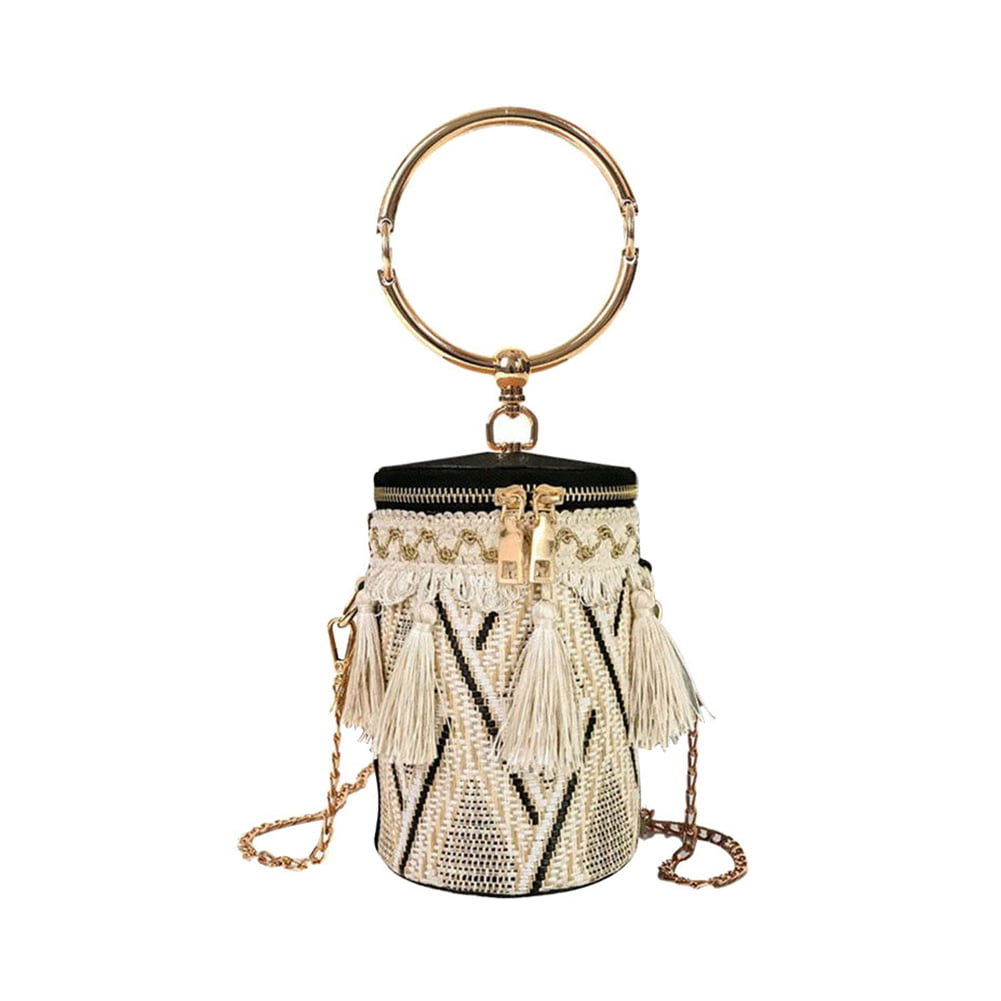 Women Ring Handle Straw Bucket Bag Fashion Style Barrel Bag Rattan Small Handbag 