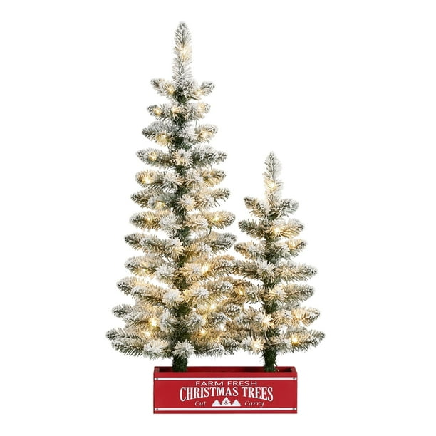 Holiday Time 3Ft Pre-Lit Flocked Farmhouse Christmas Tree Set, Warm White Micro Led, Green, 3' - Walmart.com