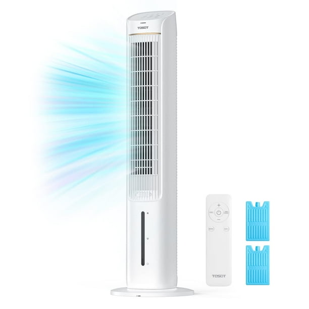 TOSOT Ventilador de Torre Oscilante 80°, Ventilador con 2 Bolsas de Hielo, CFM 360m³/h, Ventilador Silencioso de 3 Velocidades con Control Remoto, Temporizador de 7 Horas, Humidificadores con Tanque d