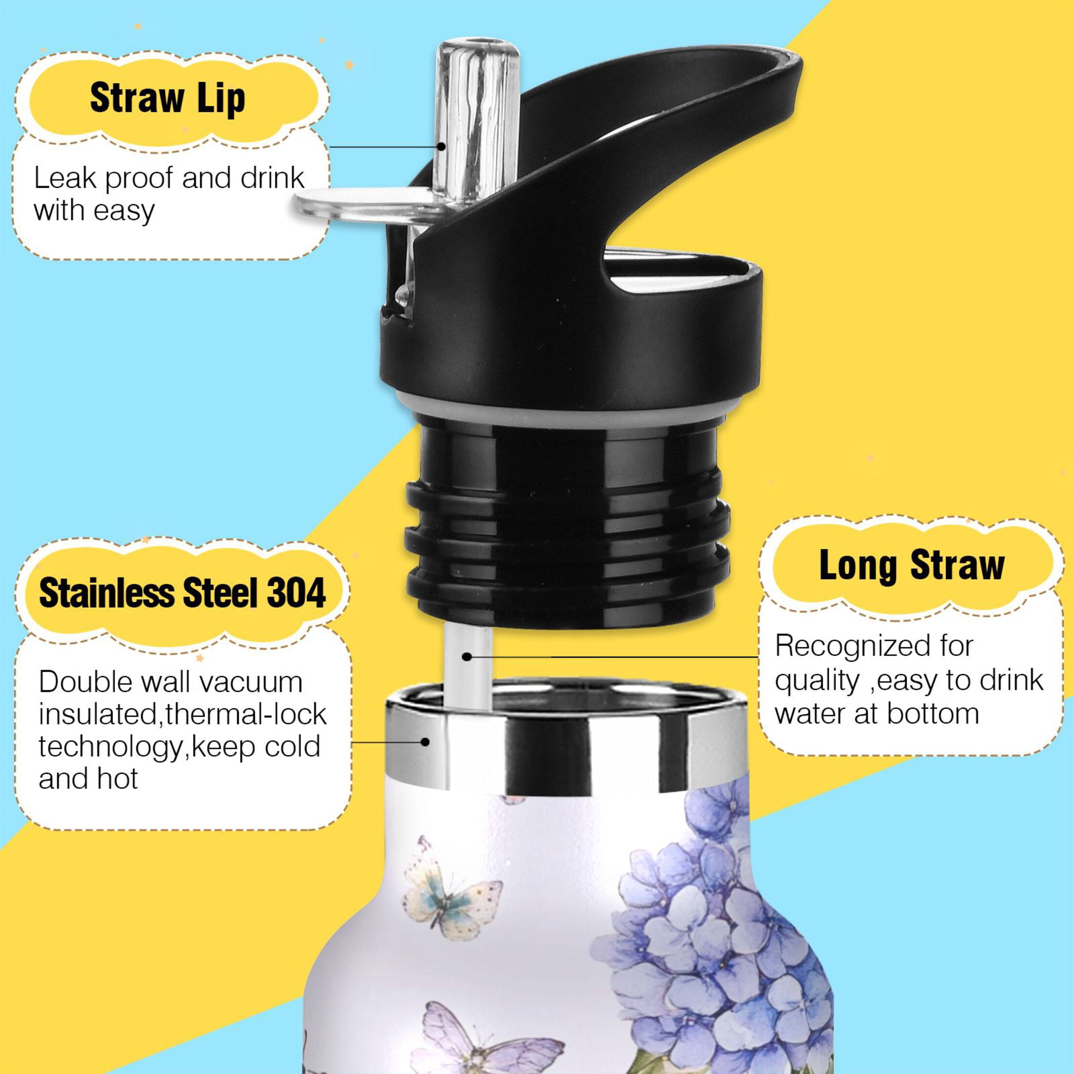 Kids Insulated Stainless Steel Sports Water Bottle 600ml (20oz) Blue Hydrangea