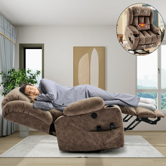 OUINCH Dual Motor Power Lift Recliner for Big Elderly, Extended Footrest, Large Infinite Position Lay Flat Chair for Living Room with Massage & Heat, Lumbar Pillow, USB & Type-C Ports, Plush-Brown