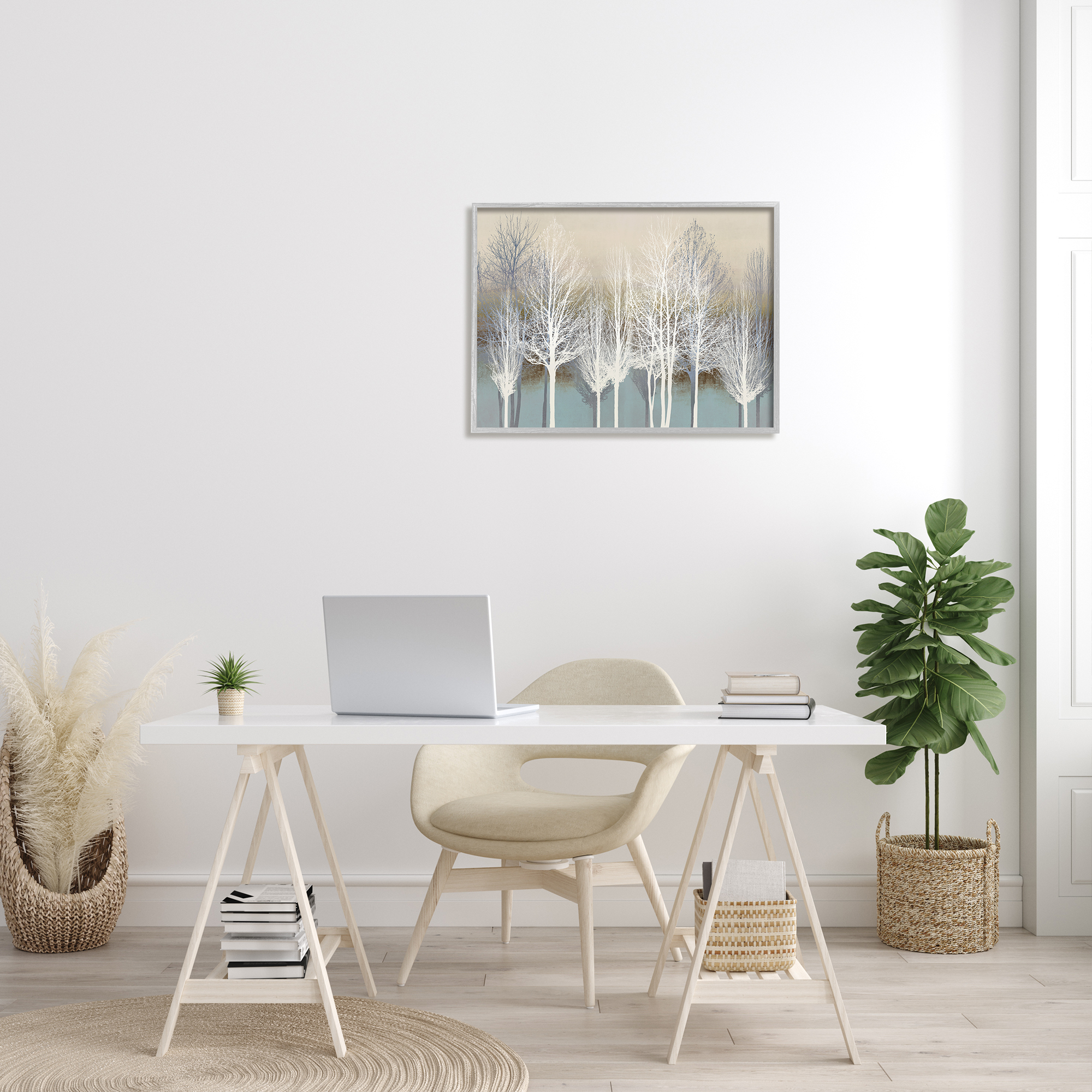 Stupell Industries Winter Tree Forest Silhouettes over Abstract Pattern Cabin Painting Gray Framed Art Print Wall Art, 24 x 30, Design by Kate Bennett