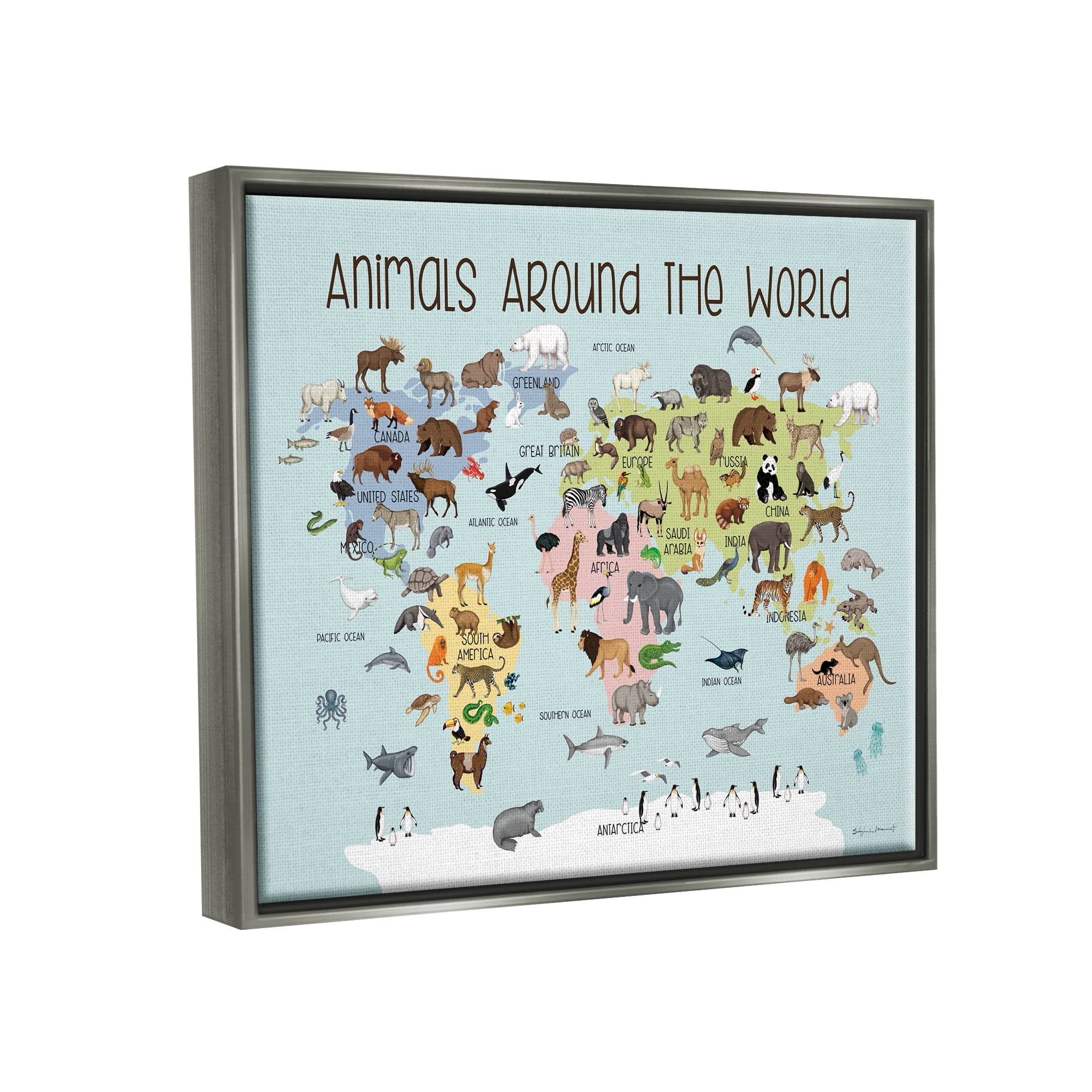 Stupell Animals Around The World Map Animals & Insects Painting Gray Floater Framed Art Print Wall Art