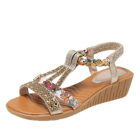 

Hauiodp Rhinestone Flat Sandals for womens Girls Low Wedge Sandals Cute Strappy Slip on Open Toe Slide Sandals Summer Comfortable Dress Bohemian Pearl Crystal Flat Sandals