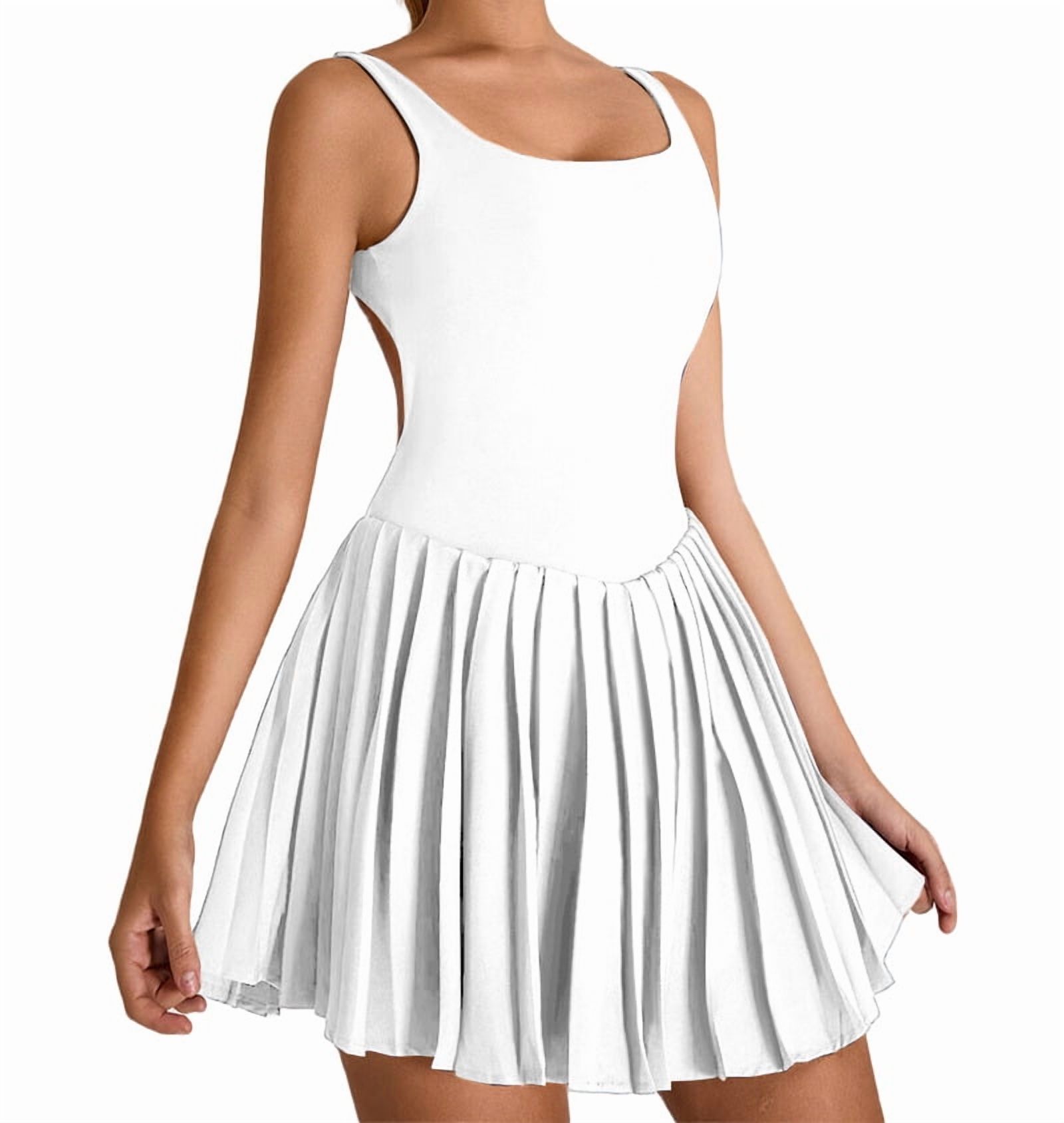 Womens Square Neck Tennis Dress Pleated Sleeveless Built in Shorts Golf Athletic Dress with Pockets Swan White M