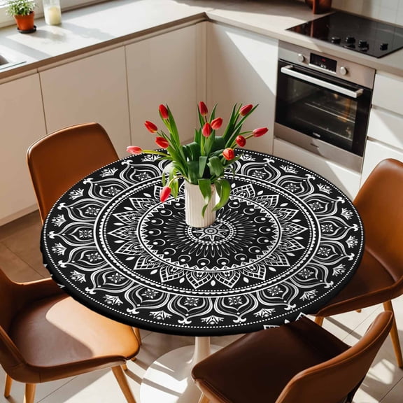 Round Fitted Tablecloth with Elastic Edge, Boho Flower Black White Stripe Fitted Table Cloth for Round Tables, Abstract Floral Gorgeous Style Waterproof Tablecloth for Outdoor Picnic Party 36-44in