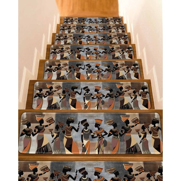 African Women Non-Slip Stair Treads for Wooden Steps, 15 Pack 8x30 Inches Carpet Stair Mats with Adhesive Backing, Noise-Reducing Step Covers for Indoor Stairs, Easy to Install & Residue-Free