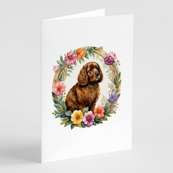 American Water Spaniel and Flowers Greeting Cards and Envelopes Pack of 8 7 in x 5 in